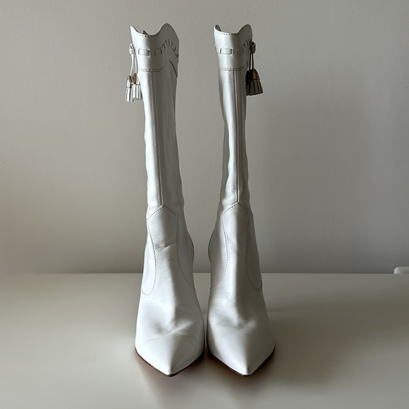Sergio Rossi White Leather Cowboy Style Heeled Boots US 5.5/ EU 35.5 - Picture 3 of 10